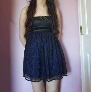 Blue/Black Lace and Faux Leather Strapless Dress